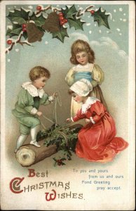 Antique Postcard CHRISTMAS Little Boy and Girls HOLLY TWINE Int'l Arts