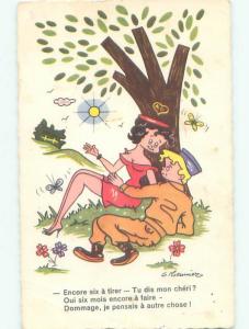 Old Foreign Postcard Risque signed SEXY FRENCH GIRLS UNDER THE TREE AB7305