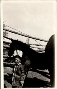 Boy Indian Costume Feather Head Piece with Horse Real Photo c1920s Postcard U2