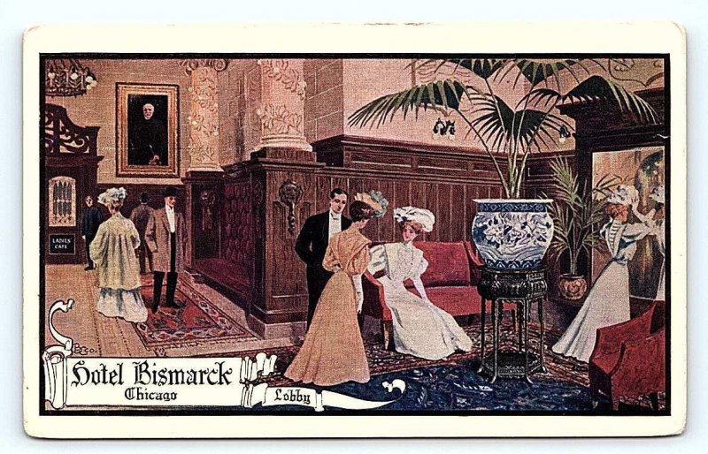 CHICAGO, IL Illinois ~ HOTEL BISMARCK Lobby GLAMOUR WOMEN 1908  Postcard