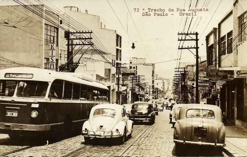 brazil, SÃO PAULO, Trecho da Rua Augusta, Trolley Bus, Car VW V.W. Beetle (1963)