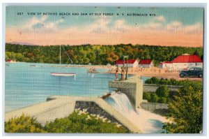 1948 Adirondack Mts View of Bathing Beach and Dam at Old Forge NY Postcard 