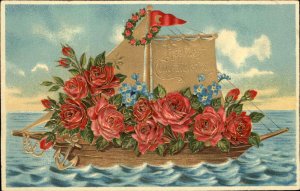 Congratulations Sailboat Red Roses Embossed c1900s-10s Postcard