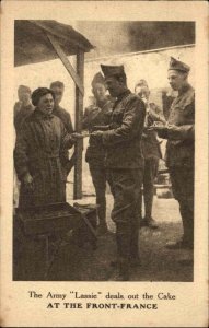 WWI France Army Cook Lassie Hands Out Cake Vintage Postcard