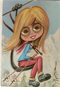 Girl .Skier  Vintage Italian postcard,  with moving glass eyes