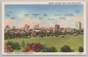 Linen~Labeled Bldgs Skyline of Amarillo Texas From Ellwood Park~Vintage Postcard