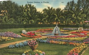 Vintage Postcard Sunken Garden Palm Trees Flower Landscapes Fountain Florida FL