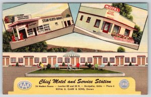 1940-50's CHIEF MOTEL & SERVICE STATION MOBILGAS MONTPELIER IDAHO LINEN POSTCARD