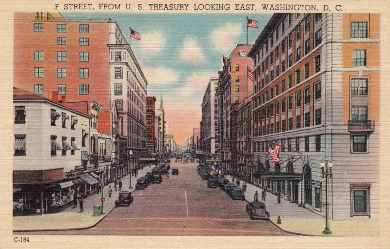 P1684 old unused postcard f street from us treasury looking east washington D.C.