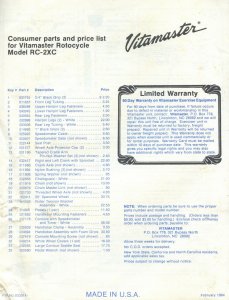 Vitamaster Rotocycle Model RC-2XC Assembly Instructions Parts Price List 1984 