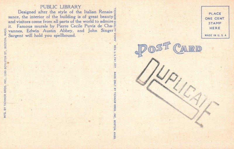 Vintage Postcard 1930's Public Library Boston Mass. Massachusetts Pub Tichnor 