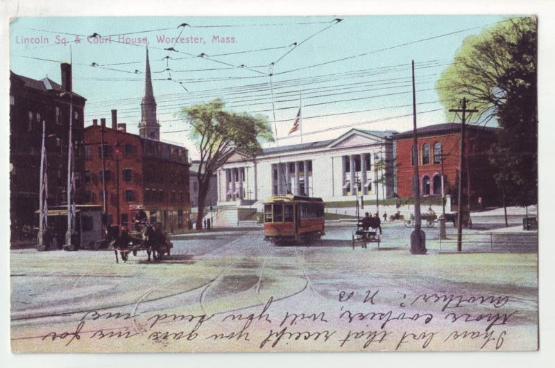 P1134 old used postcard horse & wagons trolley street view worchester mass