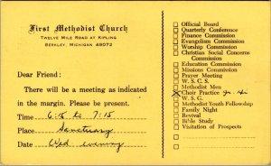 Postcard MI - Berkley First Methodist Church Choir Practice Meeting Notice