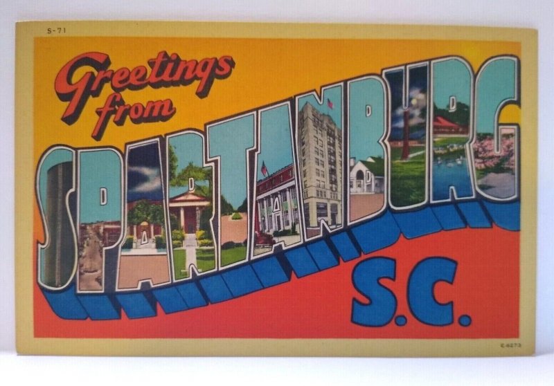 Greetings From Spartanburg South Carolina Large Letter Linen Postcard Asheville