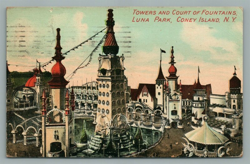 BROOKLYN NY CONEY ISLAND LUNA PARK TOWERS & COURT OF FOUNTAINS ANTIQUE POSTCARD