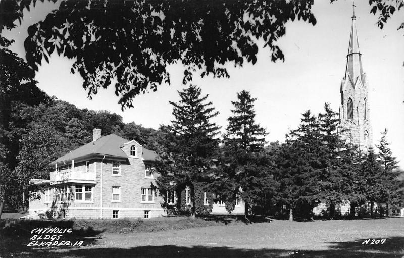 Elkader Iowa~Catholic Church & Parsonage~Postcard RPPC 1940s 