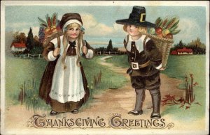 Thanksgiving Little Boy & Girl Pilgrims Baskets of Food BB London Postcard