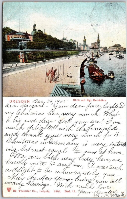 Dresden- Blick auf Kgl. Belvedere Germany Boats & Roadway Postcard
