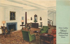 Postcard Illinois Highland Park Hotel Moraine Main  Lobby interior Teich 23-859