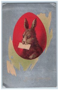 1912 Easter Greetings Red Egg Rabbit With Letter Posted Antique Postcard