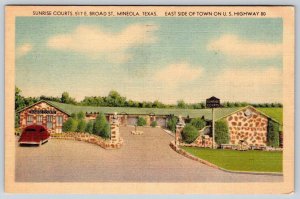 1950 SUNRISE COURTS MINEOLA TEXAS MODERN COTTAGES MOTEL VINTAGE LINEN POSTCARD