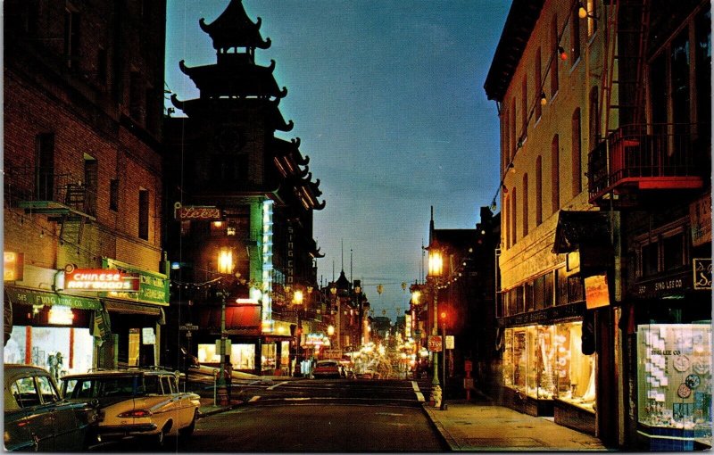 Vtg San Francisco CA Chinatown at Night Grant Avenue Street View Postcard