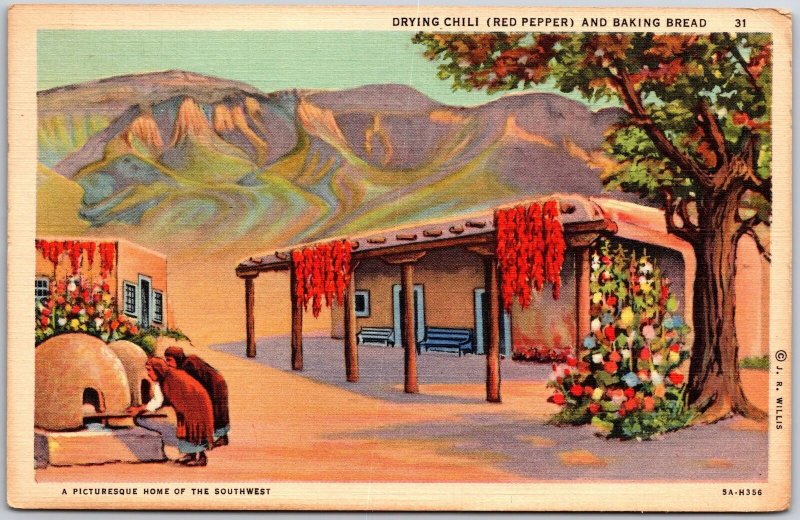 1949 Drying Chili Red Pepper Baking Bread Soutwest Homes Posted Postcard