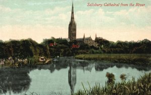 Vintage Postcard 1910's Salisbury Cathedral from the River Wiltshire England UK