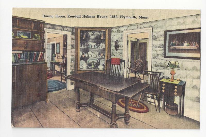 MA Plymouth Kendall Holmes House Dining Room Tichnor Vtg Linen Postcard 1953