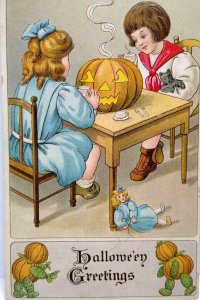 Halloween Postcard Anthropomorphic Gobins Children Tea Party Toys BW Series 374