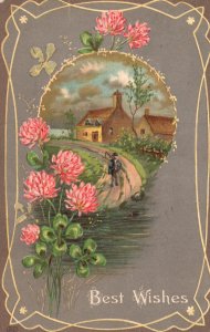 Vintage Postcard 1909 Best Wishes Greetings Card Countryside Flowers Shamrock