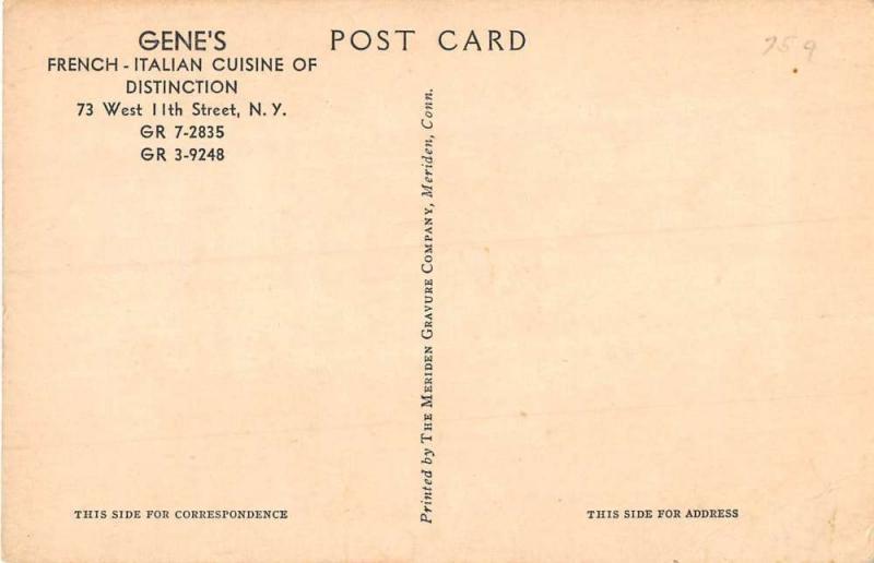 New York City Genes Restaurant Interior Antique Postcard K106721