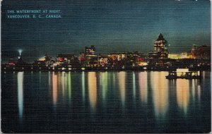 Vancouver BC Waterfront at Night Unused Linen Postcard E82