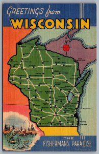 Postcard WI c1940 Greetings from Wisconsin The Fisherman’s Paradise Cropped Map