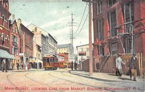 Woonsocket RI Main Street Trolley's Looking East From Market Square Postcard