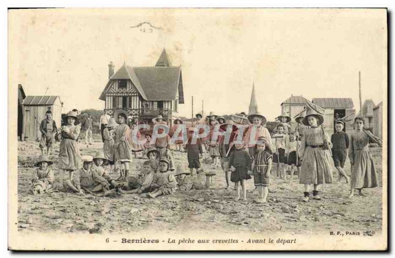 Old Postcard Bernieres The shrimp fishing Before departure Children