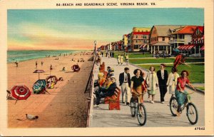 Beach Boardwalk Scene Virginia Beach VA Bicycle Sunset Linen Postcard VTG UNP 