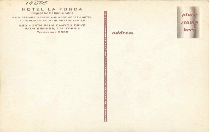 Crocker Hotel La Fonda Swimming Pool Palm Springs California Postcard 20-8144