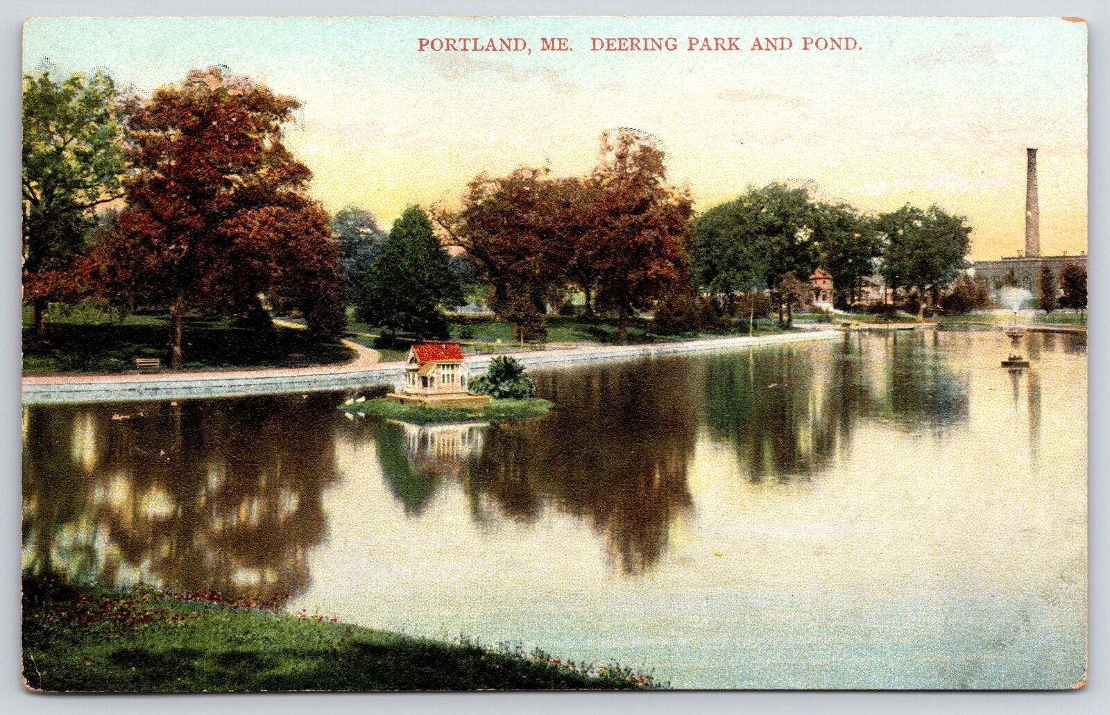 Portland Maine Deering Park And Pond Trees Attractions Antique Photo