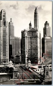 c1920s Chicago Downtown RPPC Birds Eye Michigan Ave Wacker Dr Street View A165