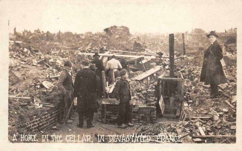 RPPC HOME IN THE CELLAR DEVASTATED FRANC WW1 MILITARY REAL PHOTO POSTCARD (1919)