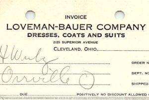 1939 LOVEMAN-BAUER CO. CLEVELAND OH DRESSES COATS SUITS BILLHEAD INVOICE Z1026