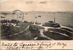 VINTAGE POSTCARD NEW YORK HARBOR BATTERY PARK & AQUARIUM UB MADE IN GERMANY 1903