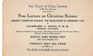 Vintage Ephemera 1938 Wichita KS Free Lecture on Christian Science Flyer