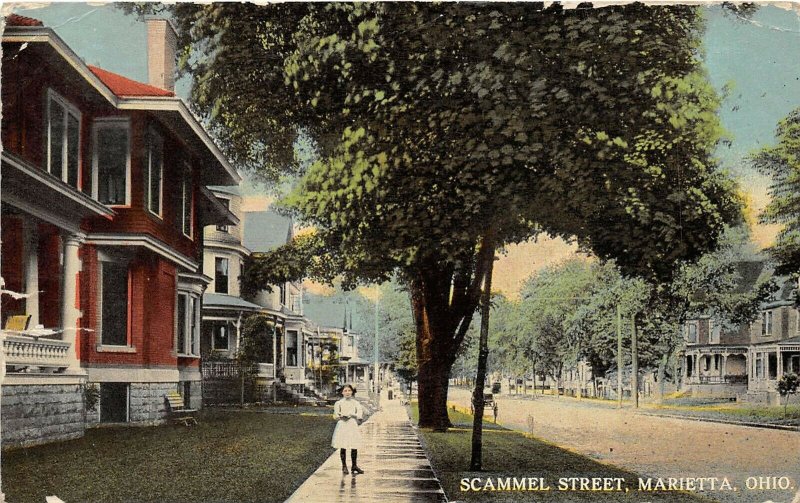 Marietta Ohio 1912 Postcard Scammel Street Girl on Sidewalk