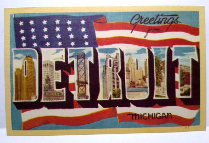 Greetings From Detroit Michigan Large Letter Postcard Linen Dexter Unused Flag