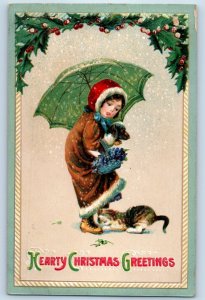 Christmas Greetings Girl With Dog Flowers Basket Cat Snow Clapsaddle Postcard