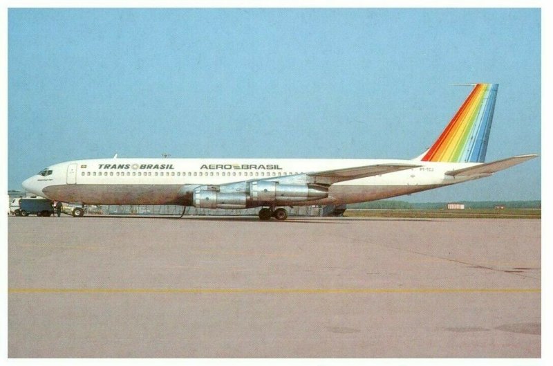 Trans Brasil Boeing B 707 327C at Cologne Bonn Airplane Postcard 1985