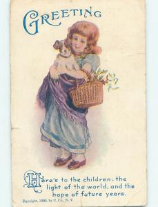 Pre-Linen CUTE GIRL CARRIES PUPPY DOG IN HER ARMS HJ4239