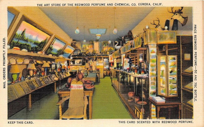 G26/ Eureka California Postcard Linen '39 Interior Art Studio Redwood Perfume